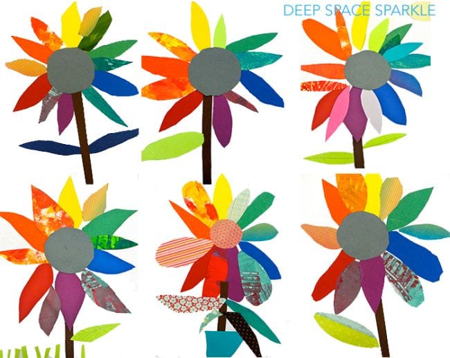 Flowers made of scraps of paper and fabric representing the color wheel (First Grade Art)