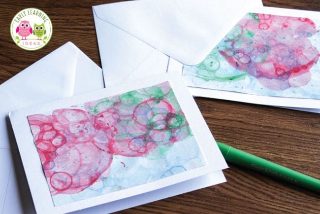 Notecards made with bubble paint prints in pink and green