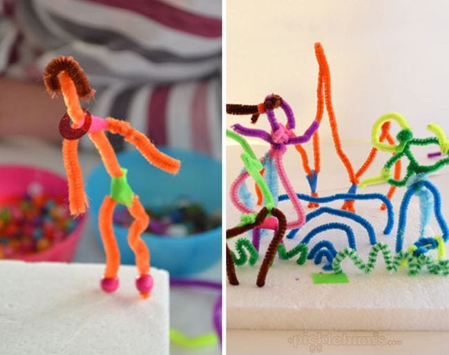 Pipe cleaners bent into creative shapes and pushed into styrofoam blocks (Kindergarten Art)