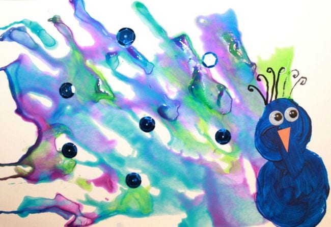 Watercolor peacock with sequins and googly eyes (Kindergarten Art)