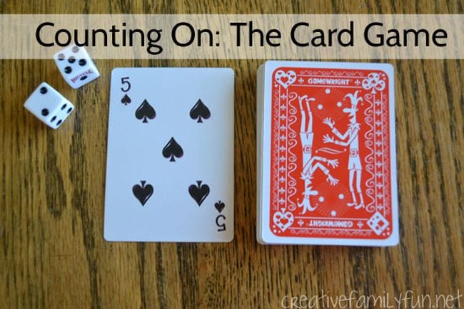 Deck of cards with the five of spades flipped over and a pair of dice, text reads Counting On: The Card Game (Kindergarten Math Games)