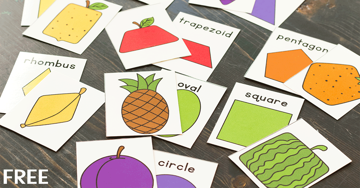 Cards showing shapes and pictures of fruit to match shapes, used for kindergarten math games