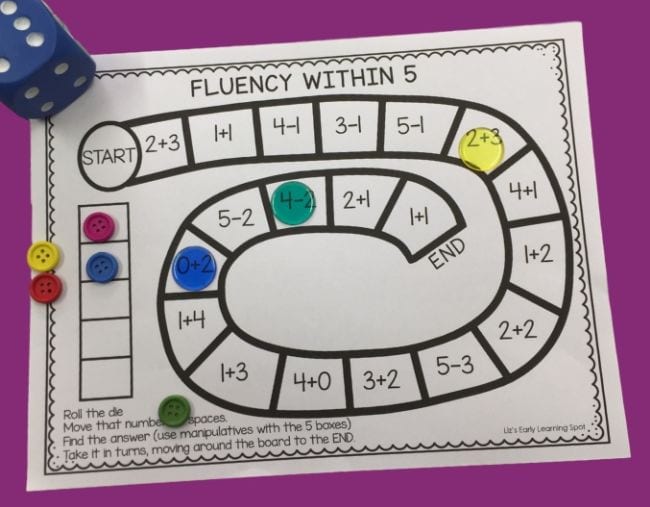 Board game called Fluency Within Five, with colorful markers and blue die
