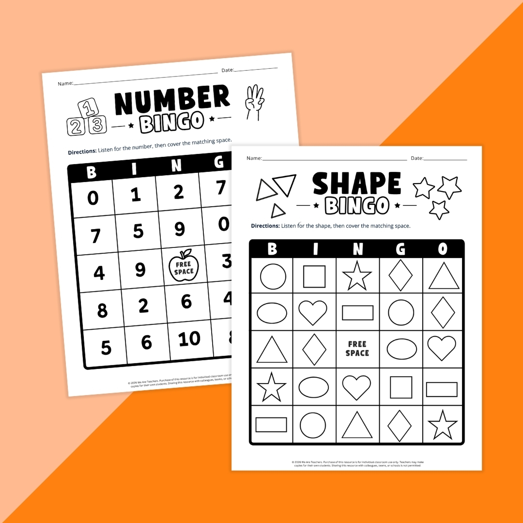 Images of number and shape bingo games for kindergarten readiness.