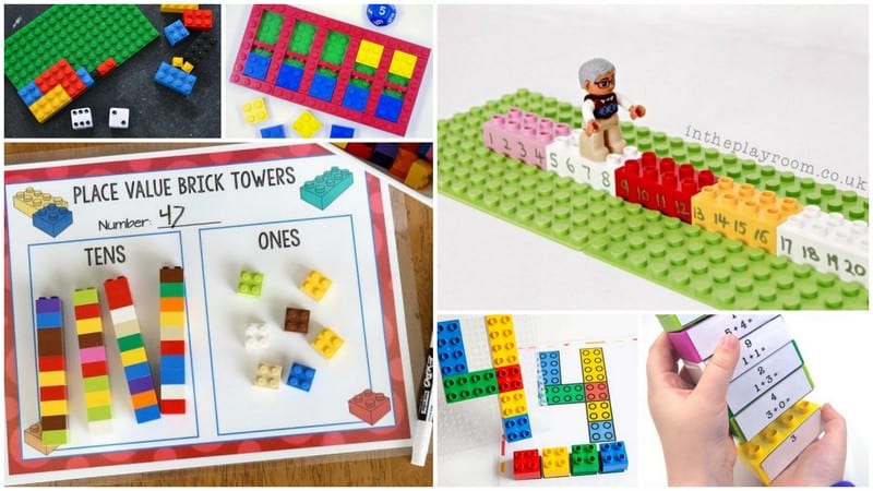 a collage of activities students can do to practice math with legos