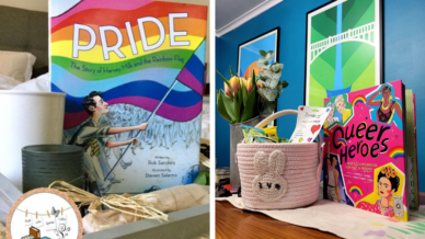Best LGBTQ books for kids including Pride on a desk and Queer Heroes on a dresser with a basket of flowers and framed modern wall art behind
