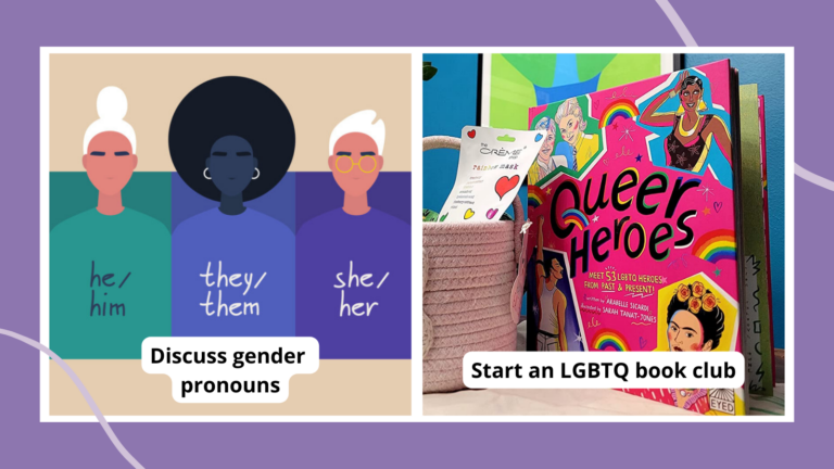 Examples of LGBTQ History Month activities including having a discussion about gender pronouns and starting a book club featuring books like Queer Heroes.