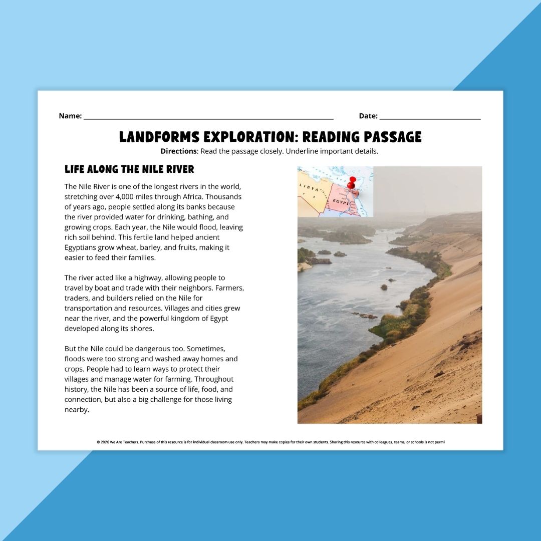 Reading comprehension passage about landforms.