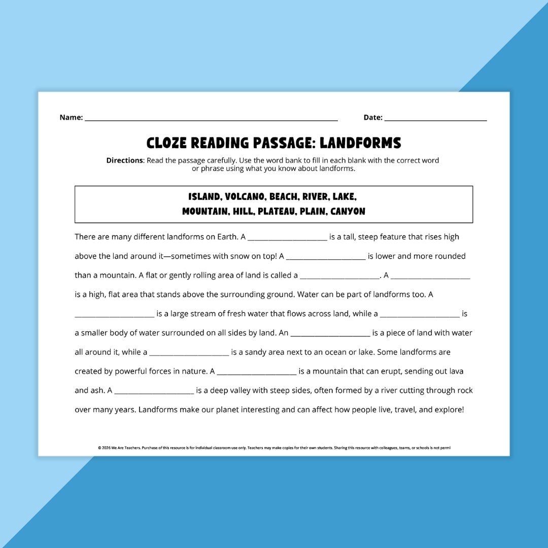 Cloze reading passage about landforms.