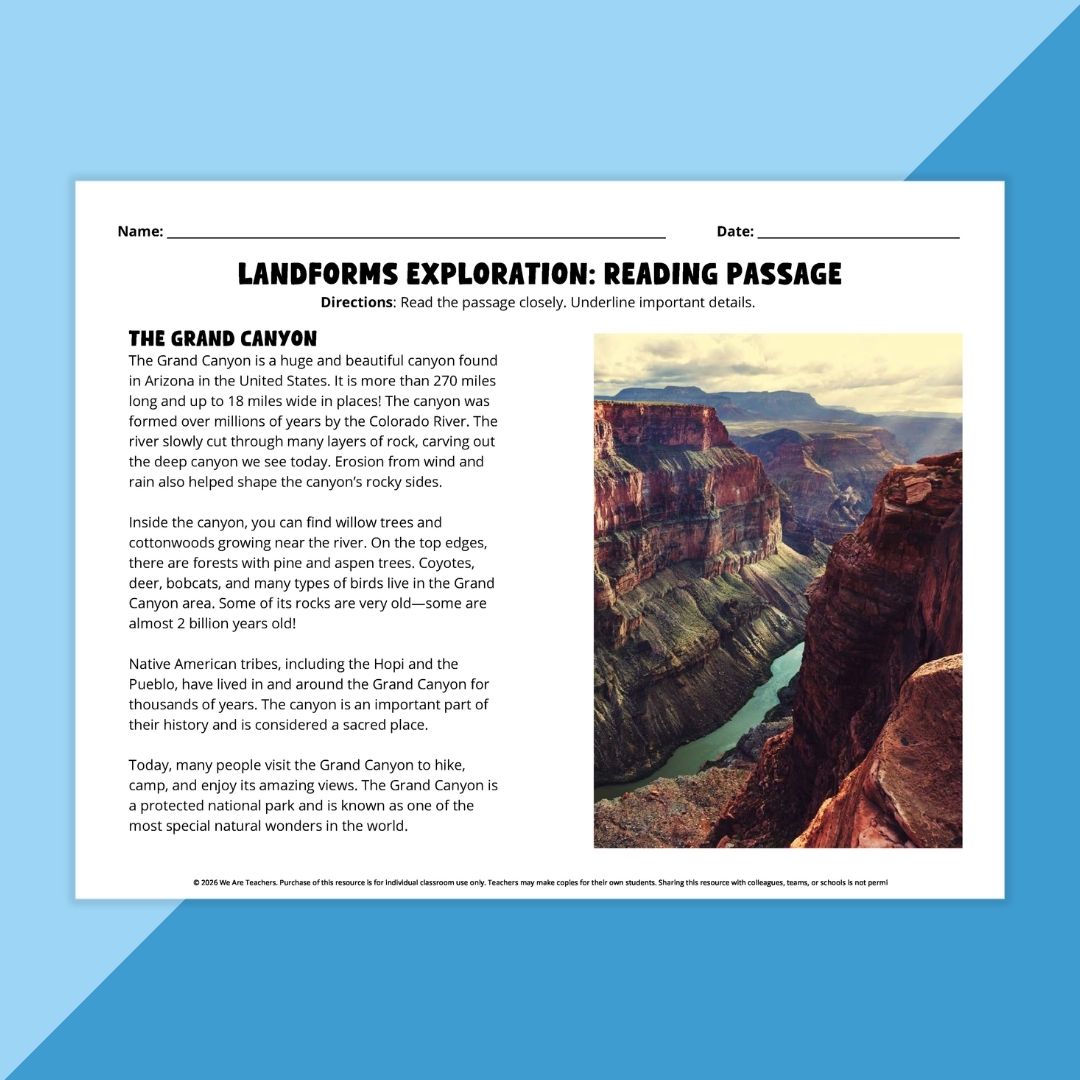 Image of a reading comprehension passage about landforms.