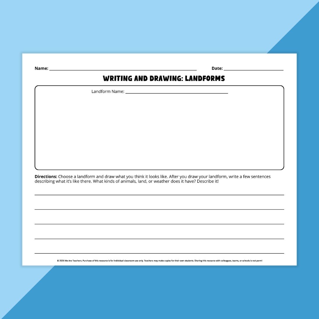 Image of a writing and drawing activity about landforms.