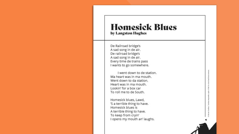 Langston Hughes Poem Homesick Blues on orange background.