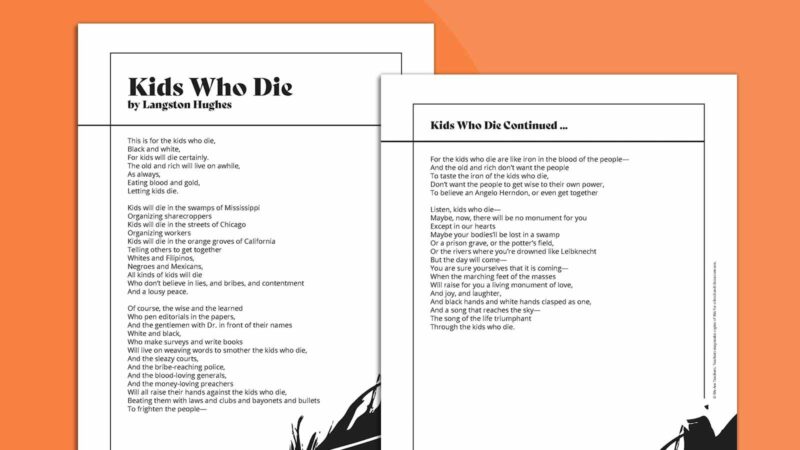 Langston Hughes poem Kids Who Die on orange background.