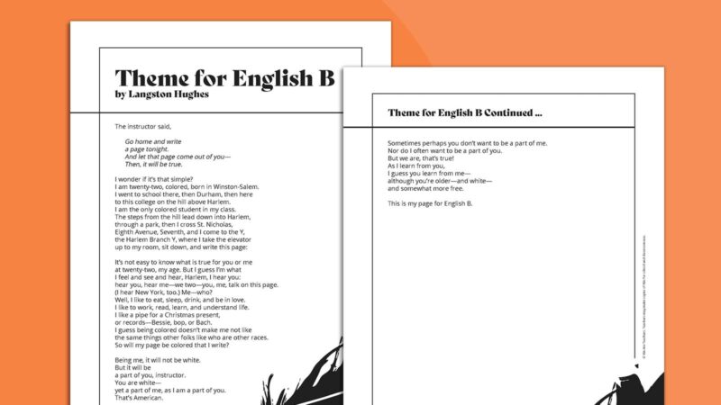 Langston Hughes poem Theme for English B on orange background.