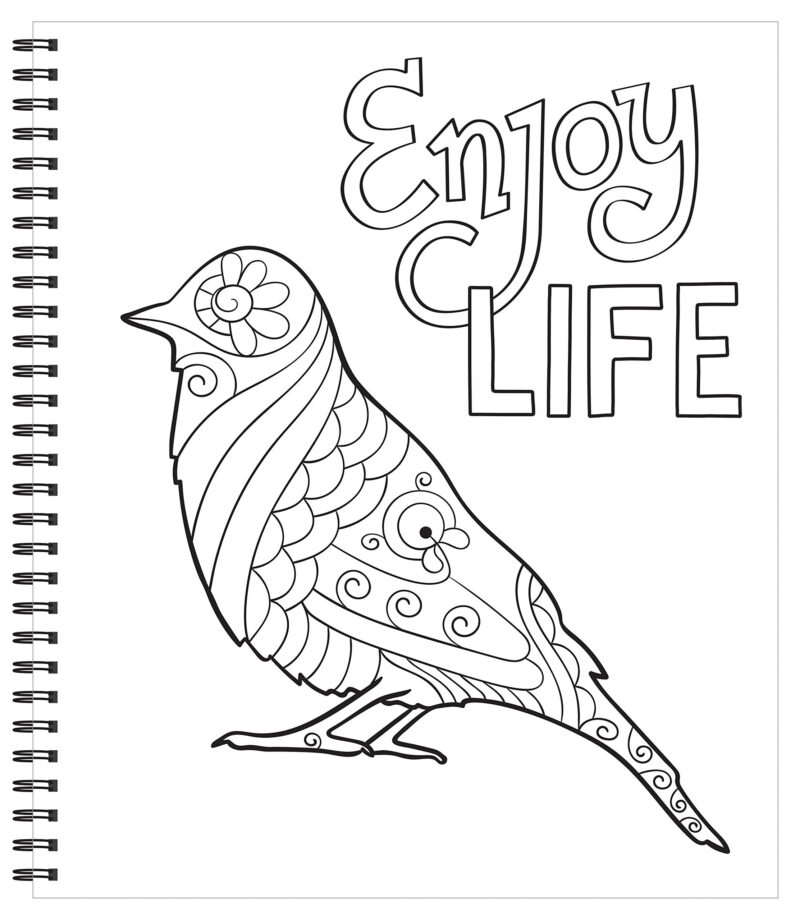 يحتوي الرسم الخطي لطائر على تصميمات مرسومة بداخله وأحرف كبيرة تقول "استمتع بالحياة" في هذا المثال من كتب التلوين للبالغين.