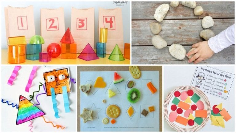 Five separate images of activities to learn shapes from paper to rocks.