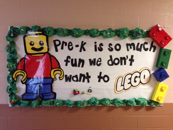 A large Lego figure is in the corner. 4 Lego bricks are on the other side. Text reads Pre-k is so much fun we don't want to LEGO