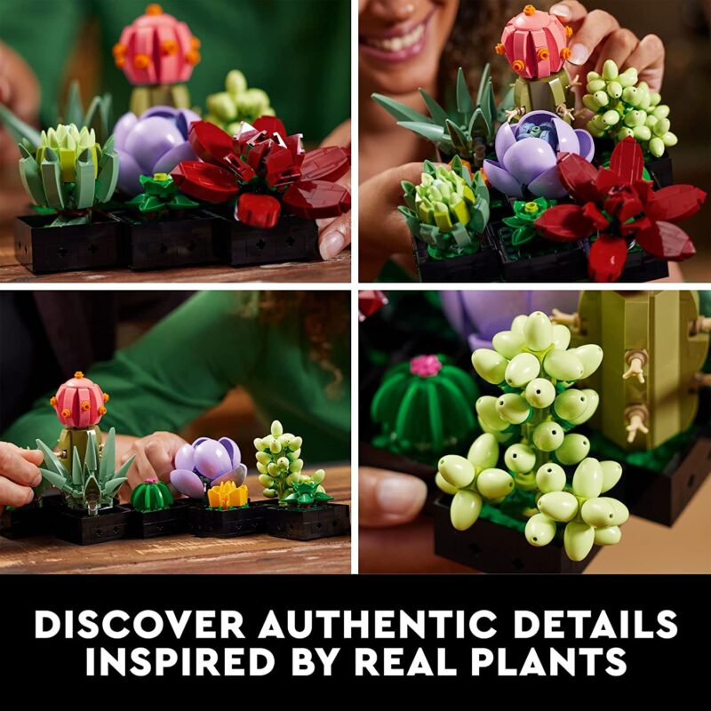 Four photos of a Lego Succulents set is shown (sensory toys)