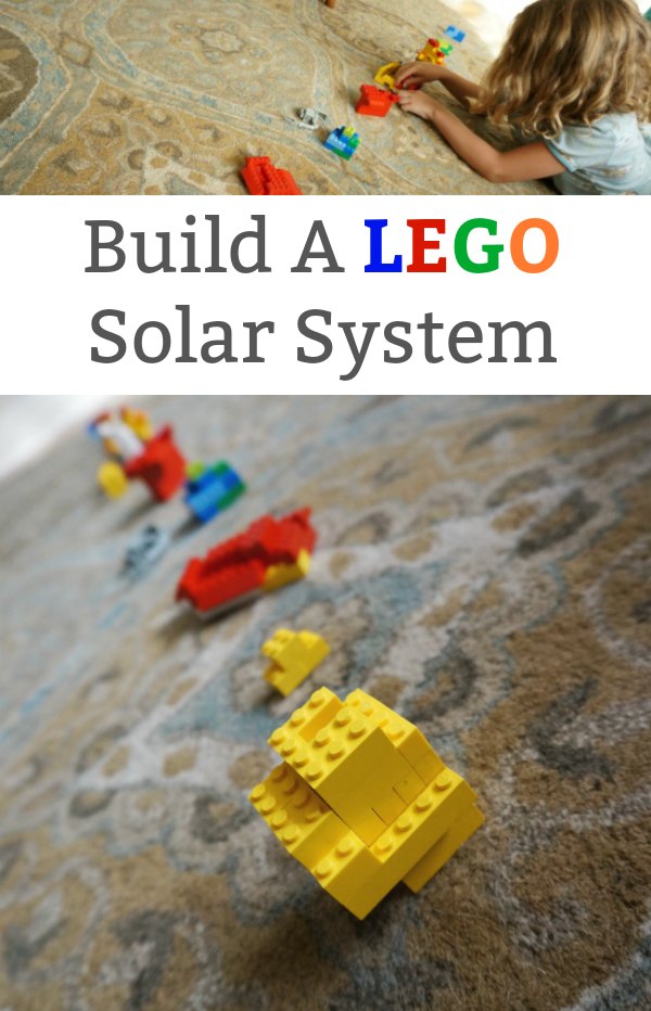 planets are built out of Legos. A little girl is shown setting them up in a line. (solar system projects)