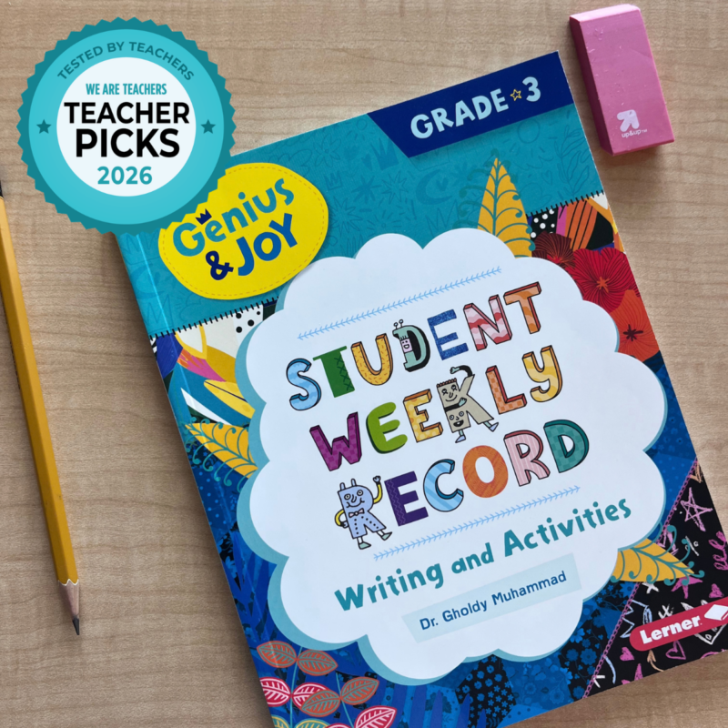 Lerner Genius & Joy – Book on Desk Genius & Joy student workbook on desk.