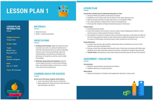 Two-page lesson plan for middle or high school visual arts on creating from recycled materials