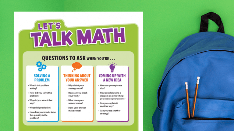 Lets Talk Math poster on wall next to backpack.