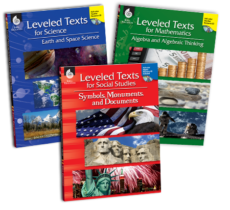 Collage of three Leveled Text book covers for science, math, and social studies