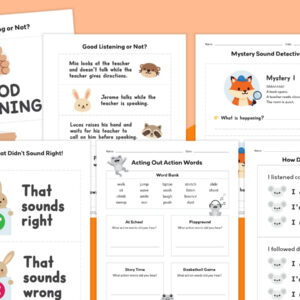 Images of different pages from the Listening Skills bundle.