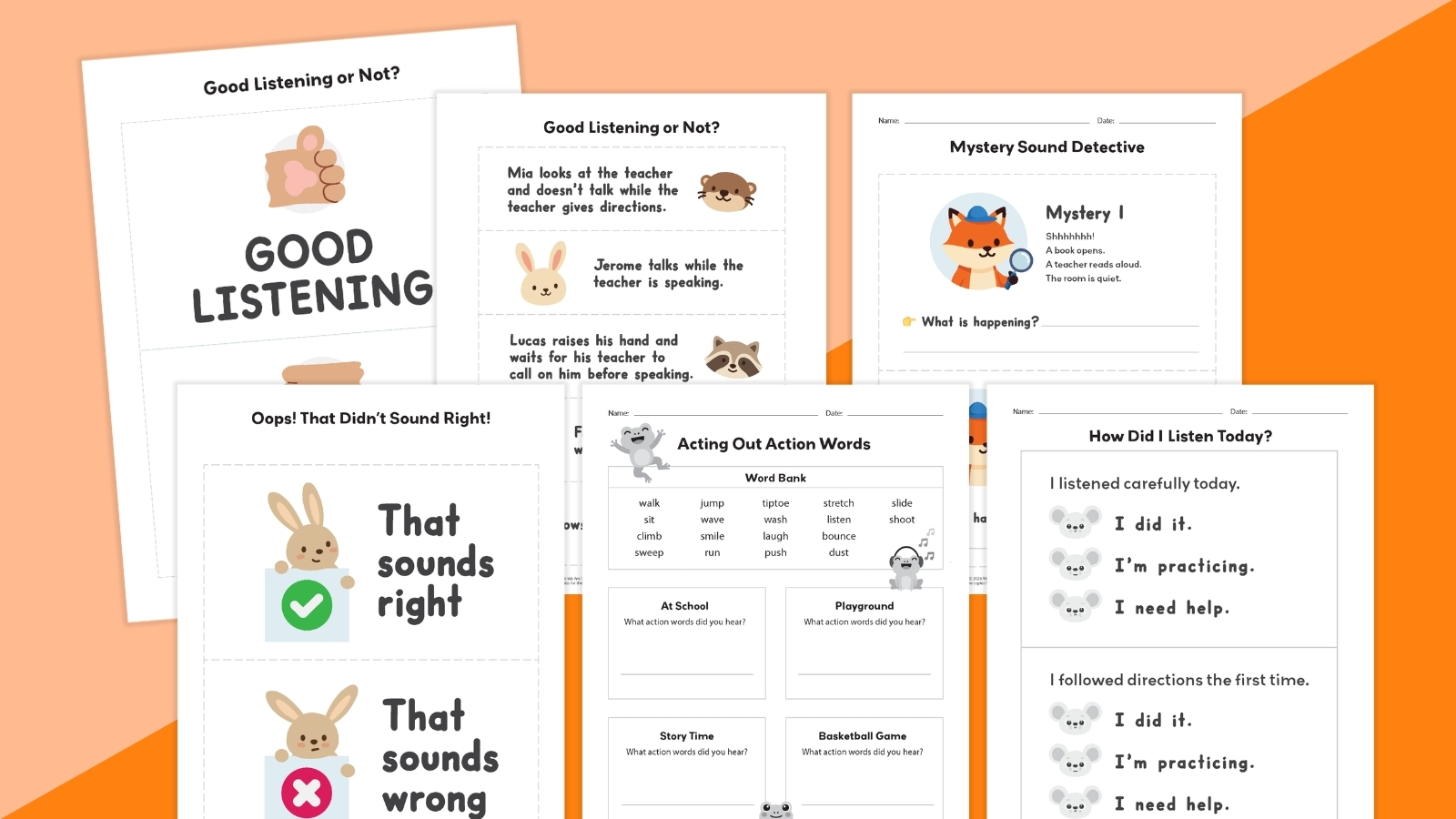 Images of different pages from the Listening Skills bundle.
