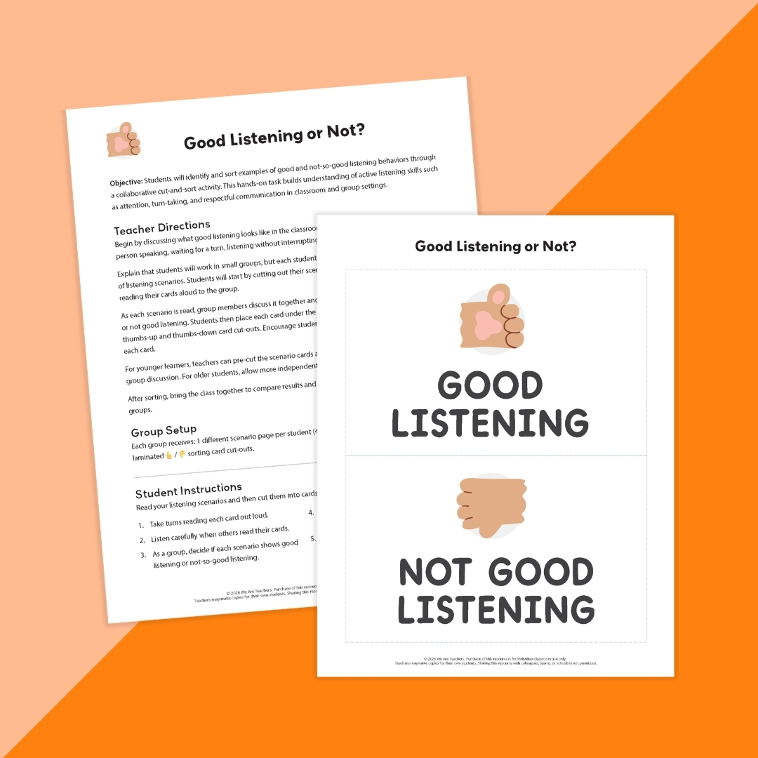 Image showing an interactive page to help young students understand good listening skills.