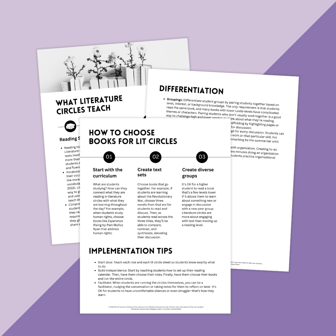 Images of the Literature Circles Classroom Resource Kit teacher's guide.