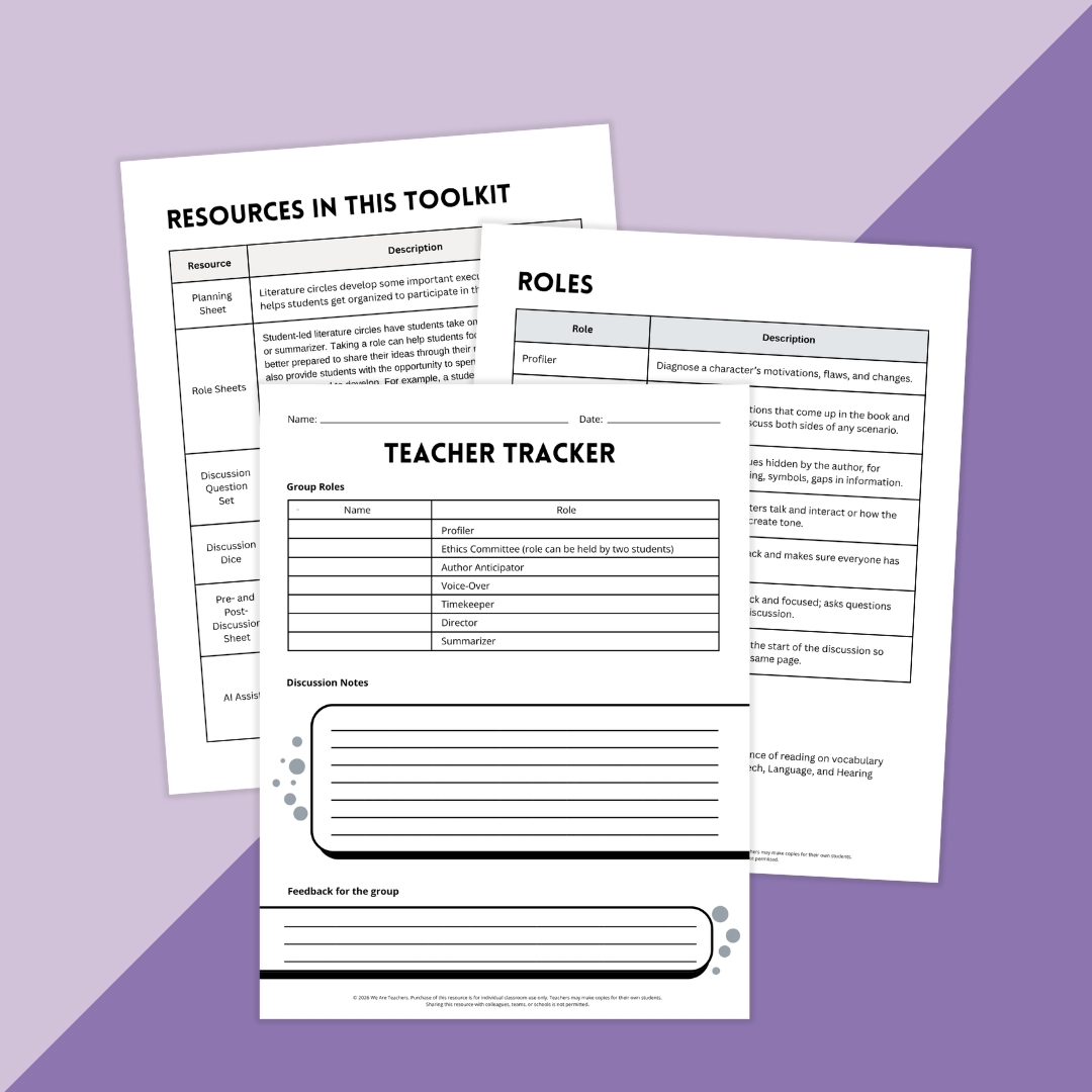 Images of worksheets from the Literature Circles Classroom Resource Kit.