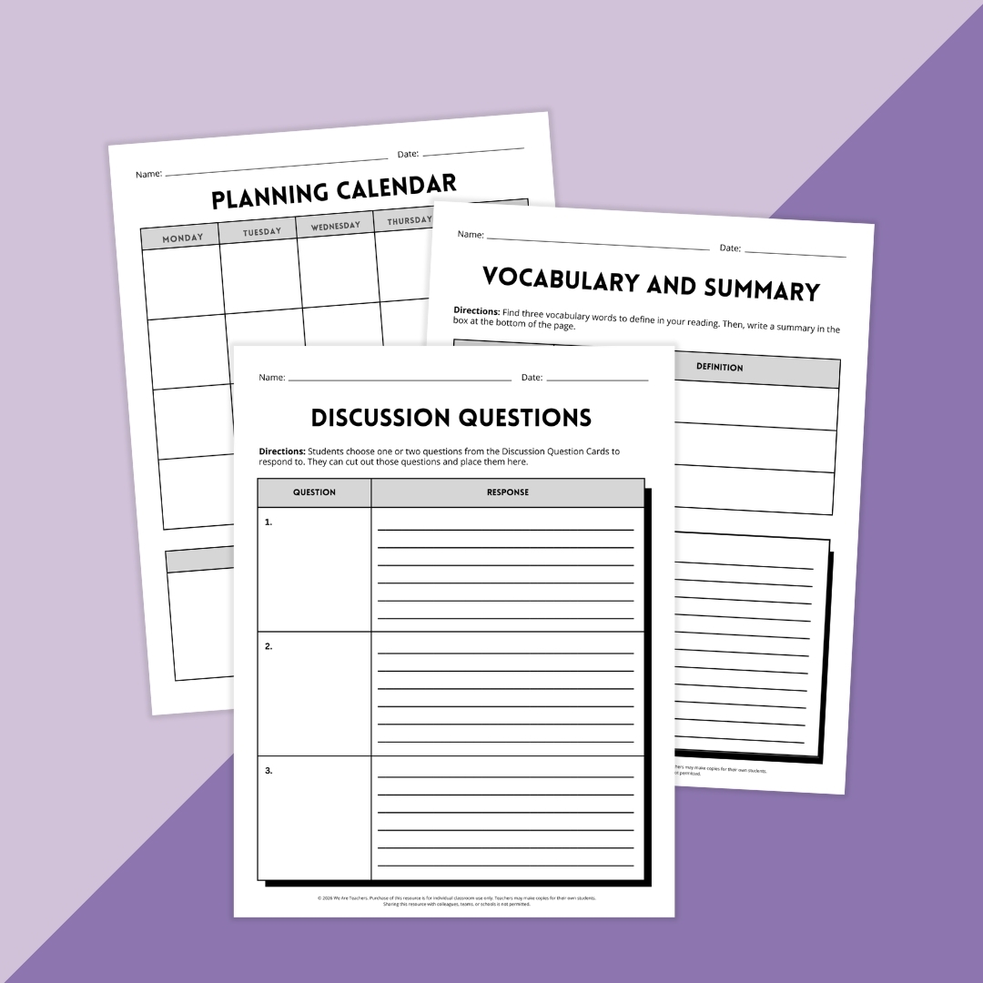 Images of worksheets helping teachers plan and organize literature circles.