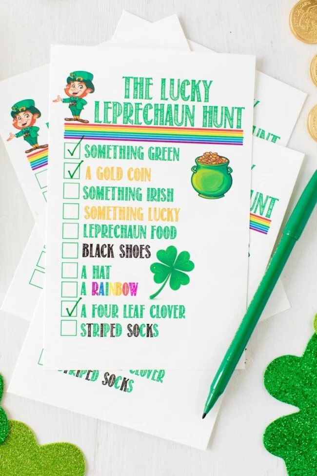 tally sheet for a St. Patrick's Day scavenger hunt, as an example of St. Patrick's Day activities 