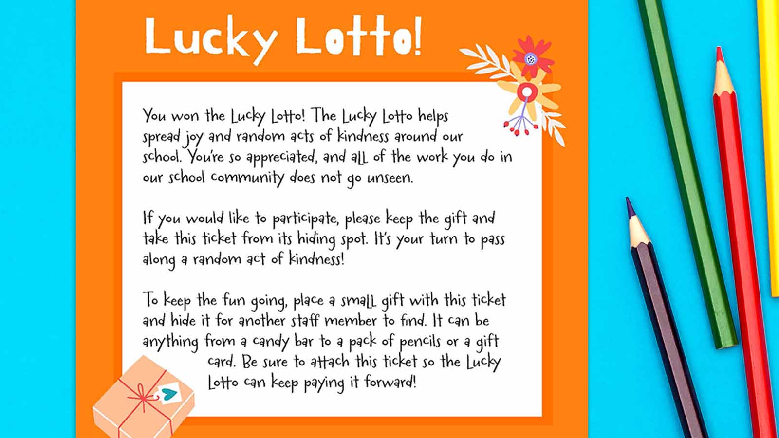 Lucky lotto ticket on a teal background with multiple colored pencils.