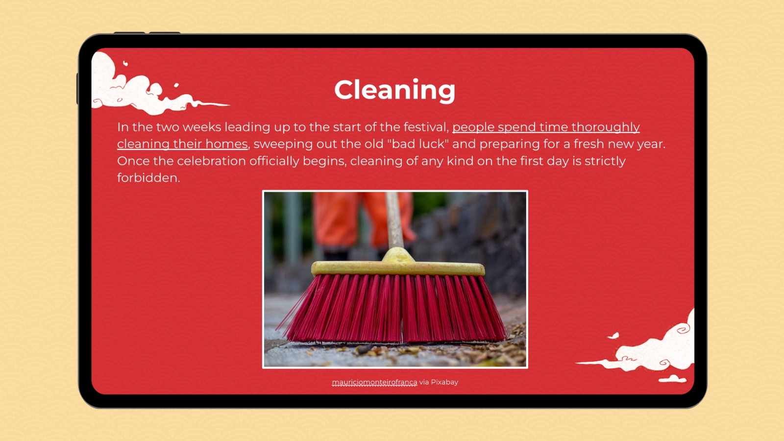Google slide with image and information about the Lunar New Year cleaning tradition