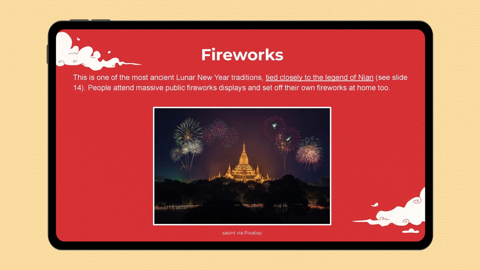 Google slide with image and information about the Lunar New Year fireworks tradition