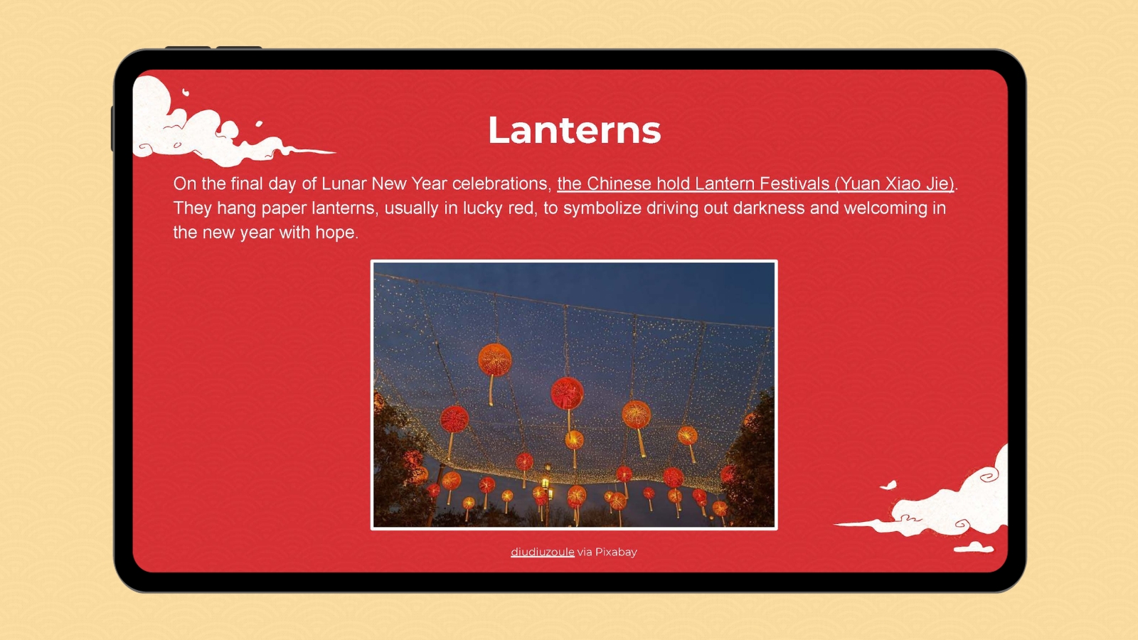 Google slide with image and information about the Lunar New Year lanterns tradition