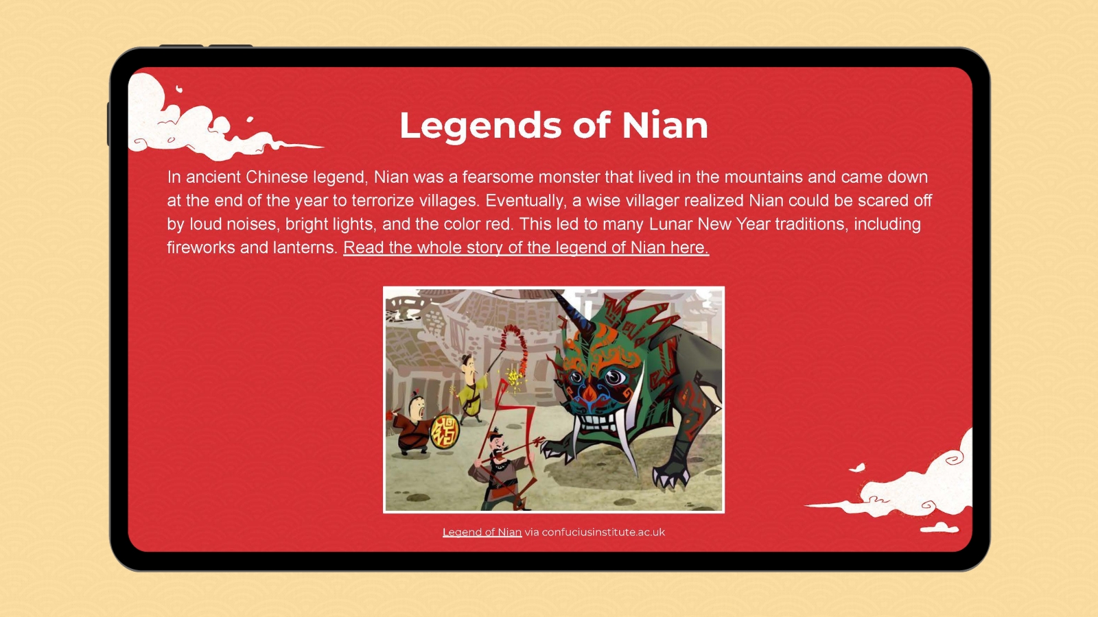 Google slide with image and information about the Lunar New Year Legends of Nian