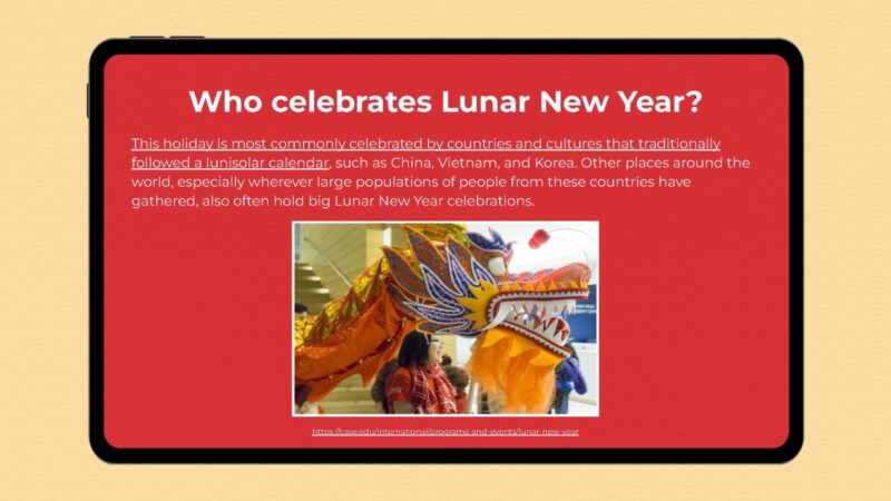 प्रश्न का उत्तर देने के लिए छवि और जानकारी के साथ Google स्लाइड: चंद्र नव वर्ष कौन मनाता है?