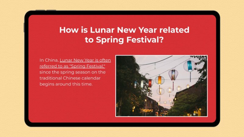 Google slide with image and information to answer the question: How Is Lunar New Year Related to Spring Festival?