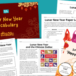 Lunar New Year worksheets and slides on a blue background
