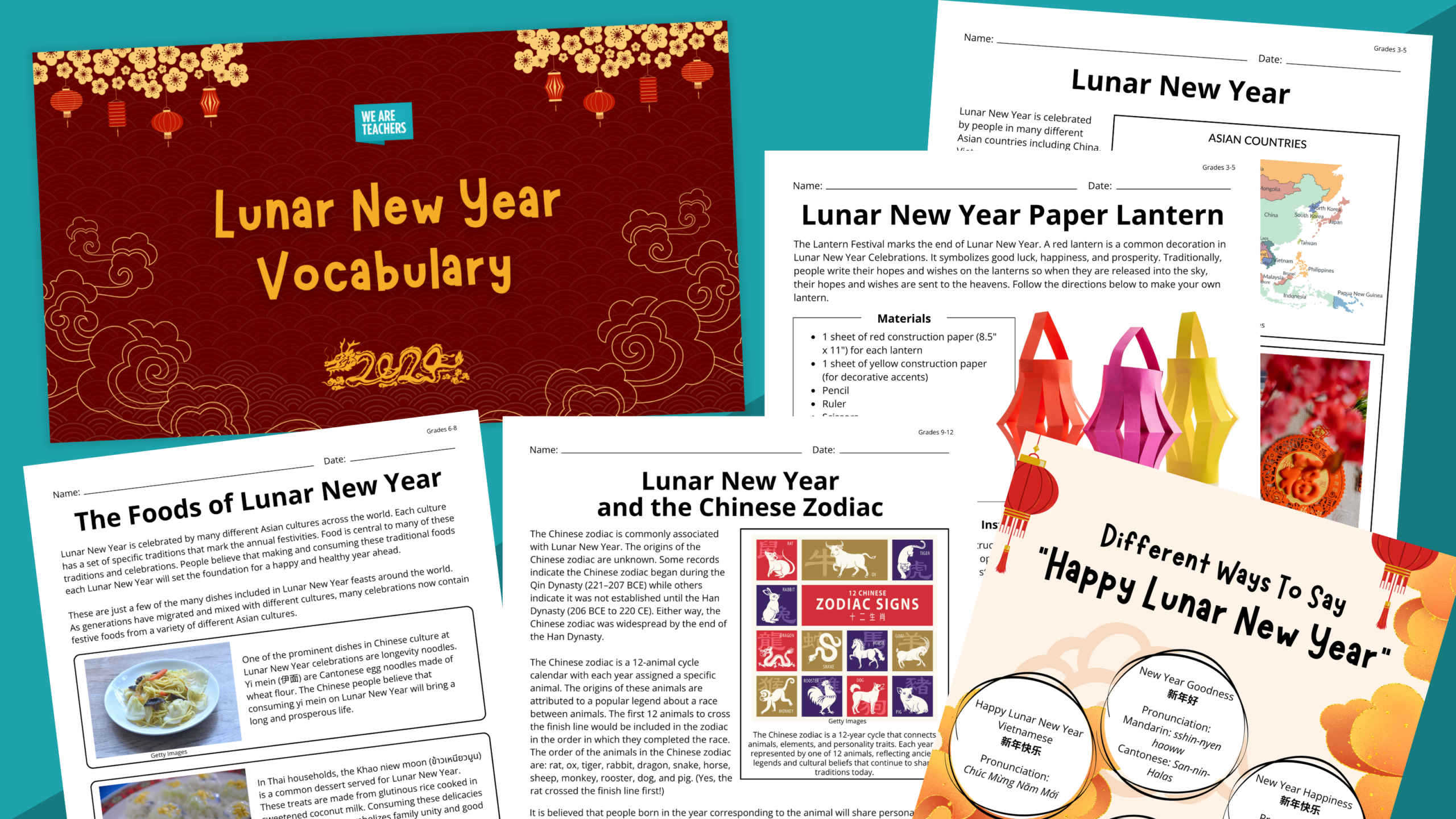 Lunar New Year worksheets and slides on a blue background