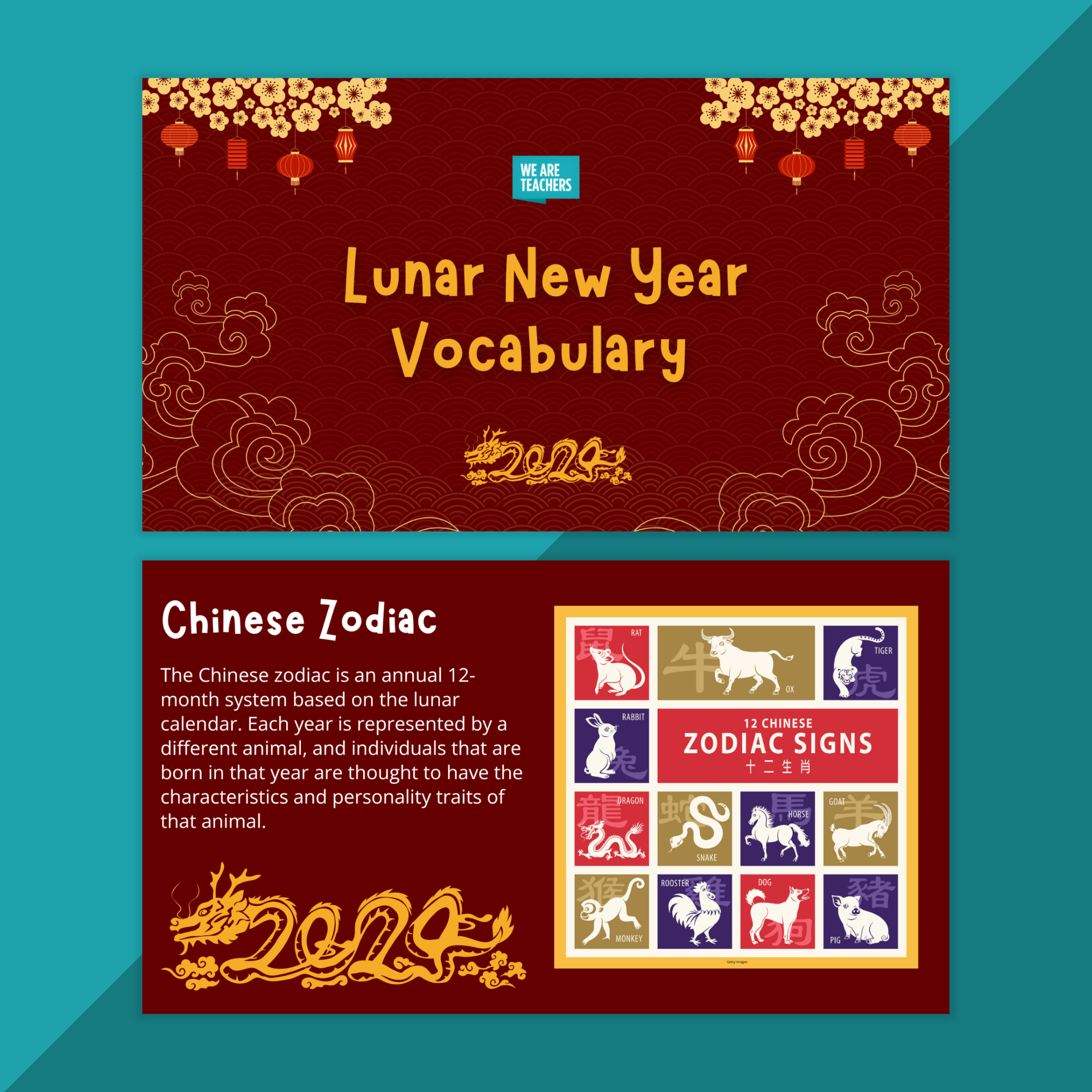 Lunar New Year worksheets and slides on a blue background