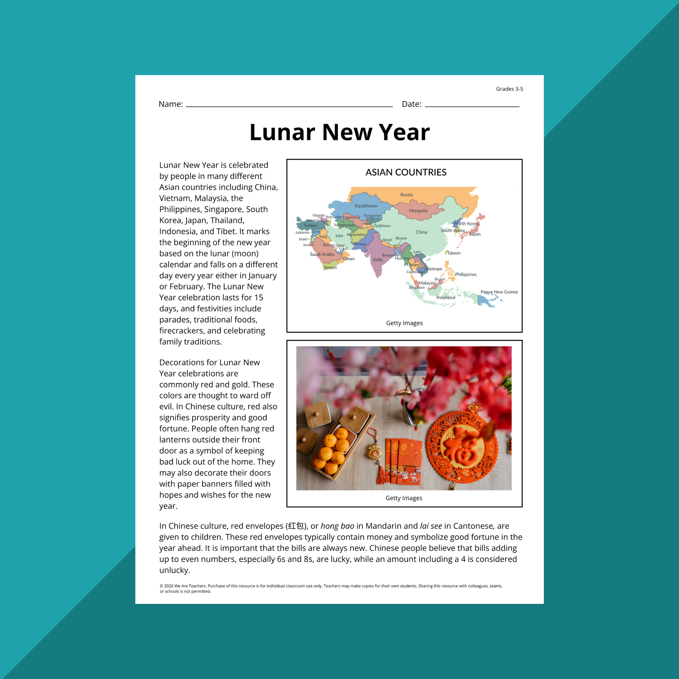 Lunar New Year worksheets and slides on a blue background