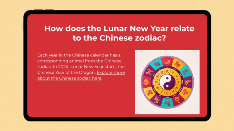 Lunar New Year Zodiac Sign Google slide with image and information to answer the question: How Does the Lunar New Year relate to the Chinese zodiac?