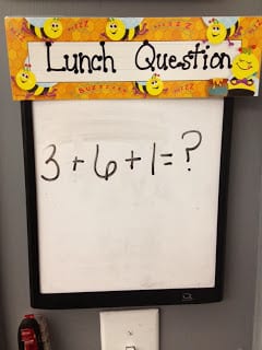 Exit tickets: whiteboard with "lunch question" that says 3+6+1=?