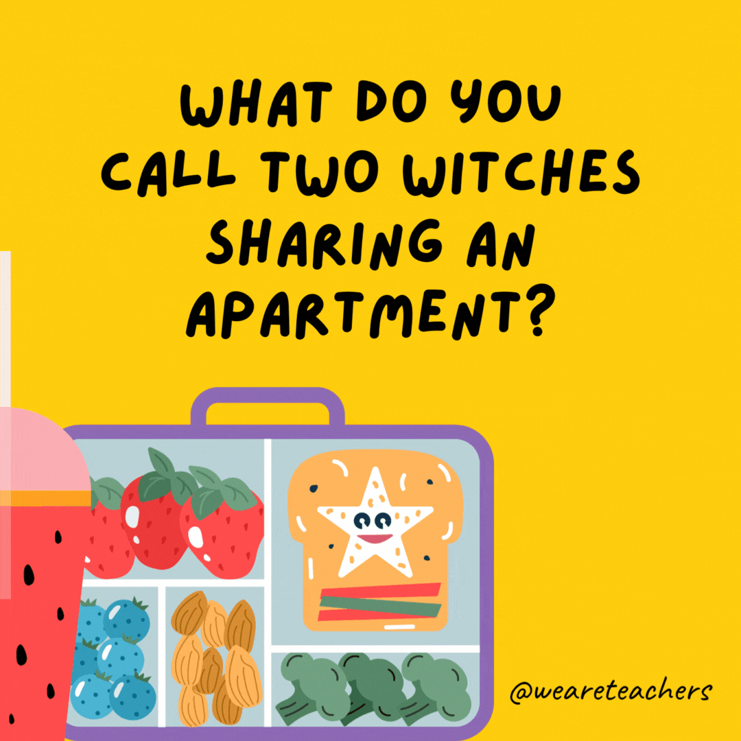 What do you call two witches sharing an apartment?- lunch box jokes