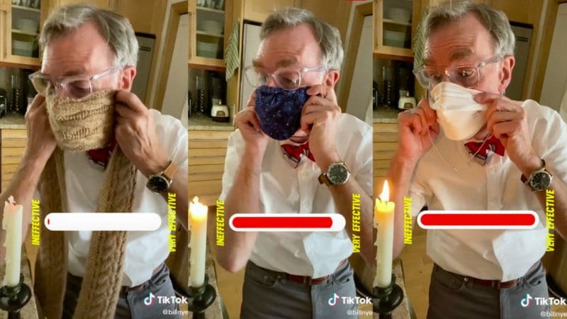 A collage of Bill Nye trying to blow out a candle while wearing different types of masks (Germ Science Experiments)