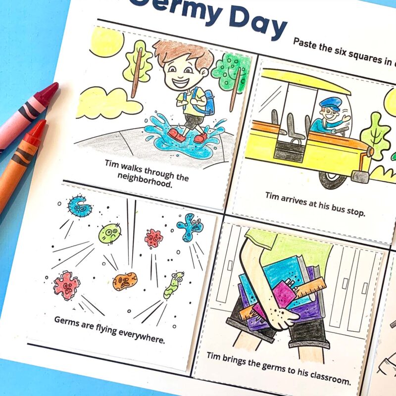 Flat lay of A Germy Day activity on blue background